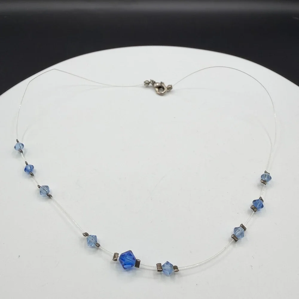 Blue Faceted Crystal Illusion Necklace Clear Wire Minimalist Y2K Gift for Her